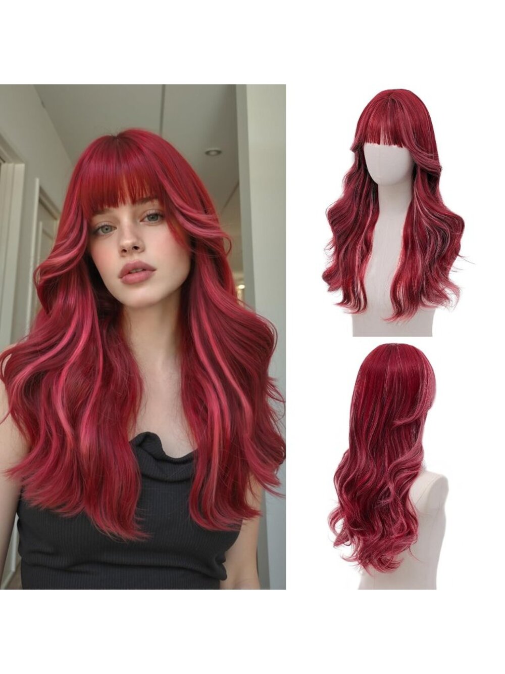 Women Rose Red Balayage 24 Inch Long Wavy Heat Resistant Synthetic Hair Wig Bang